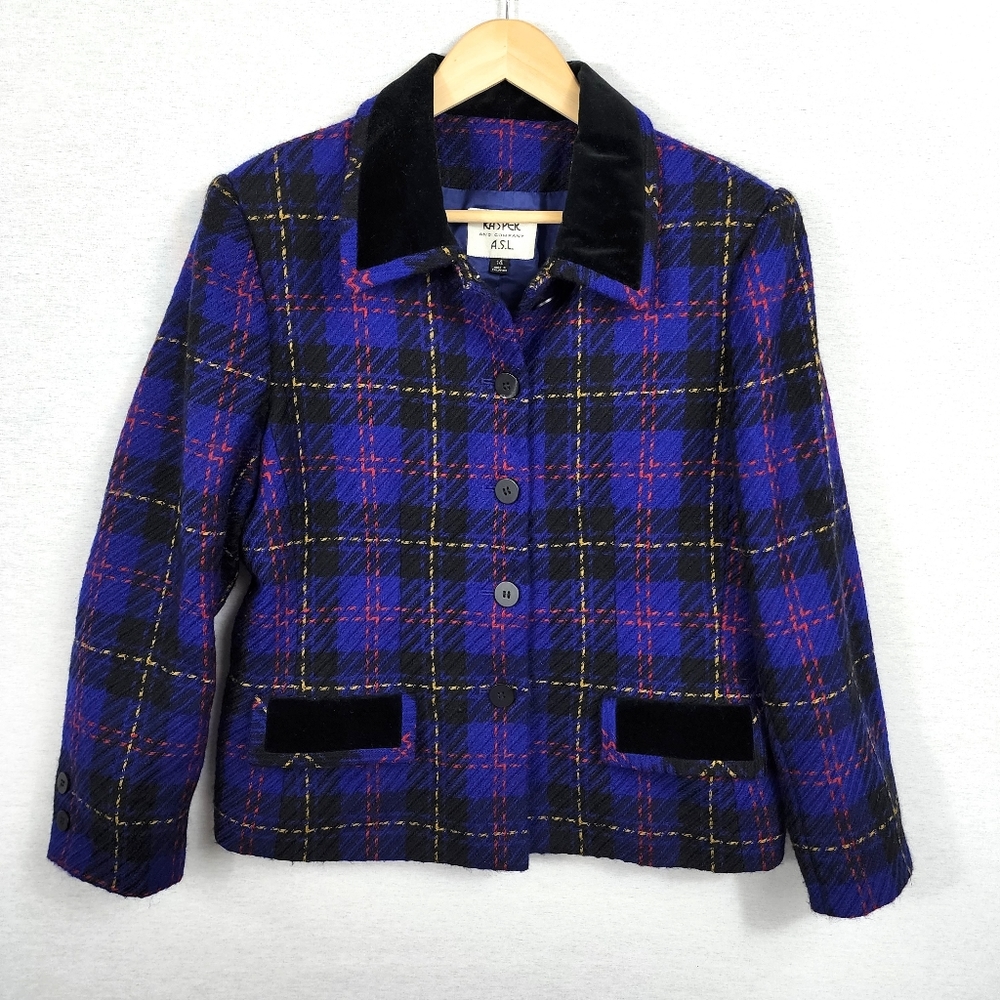 Vintage Y2K Wool Plaid Royal Blue Blazer Jacket